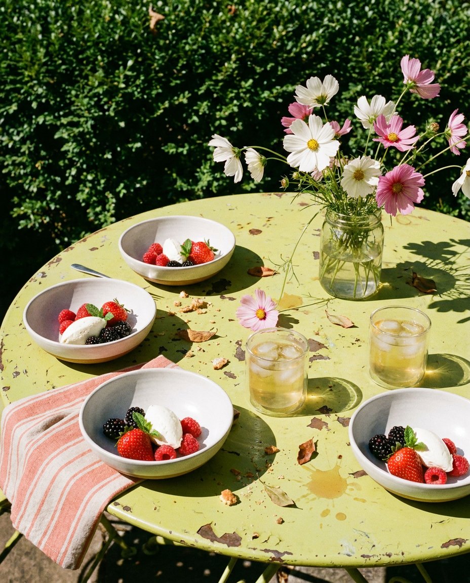 Bowls of berries and flowers on a sunlit garden table