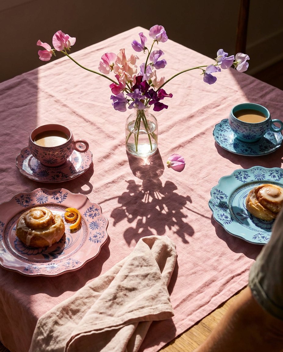 Pink and blue Versalles cups and plates set for breakfast